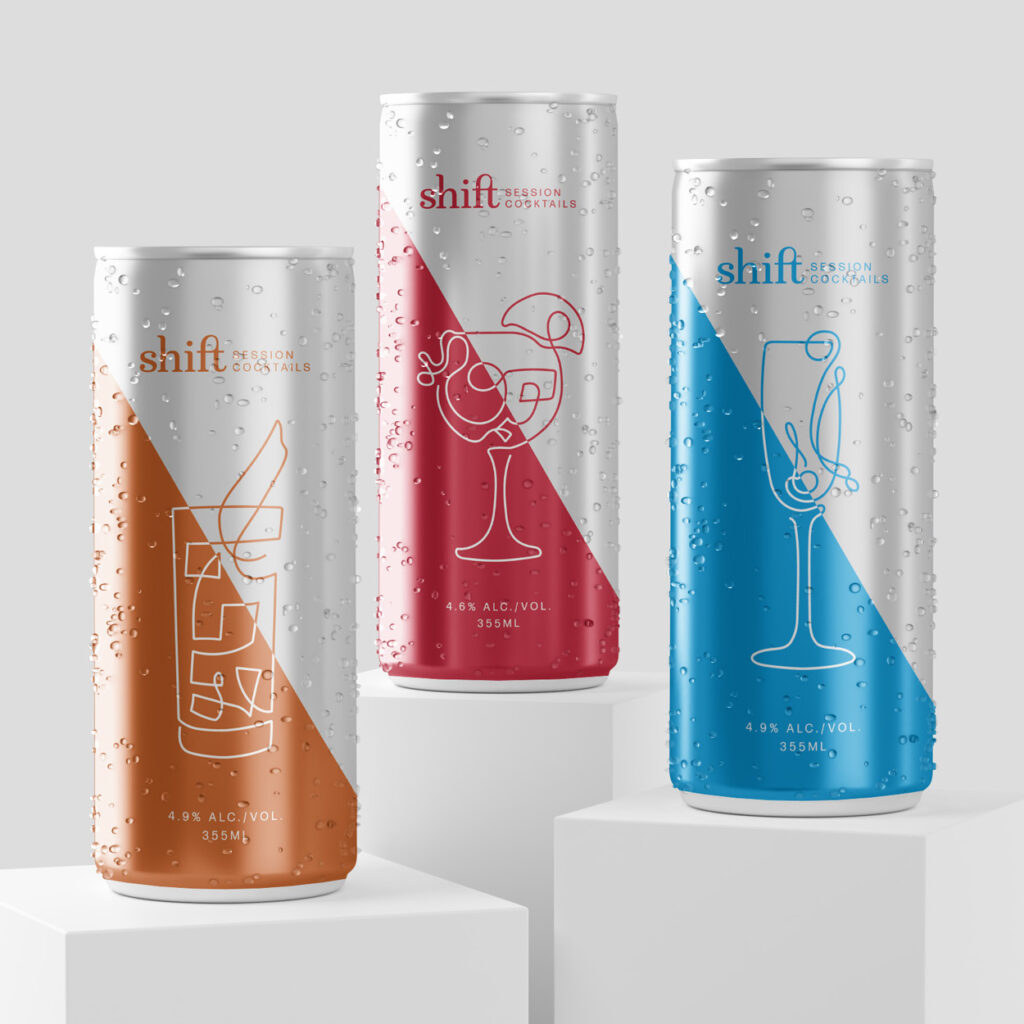Shift Session Cocktails displayed on different platforms including the Whiskey Iced Tea, Hibiscus Lemonade and Sparkling Vodka Sour.