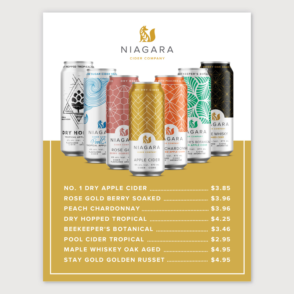 Retail price list design for Niagara Cider Company.