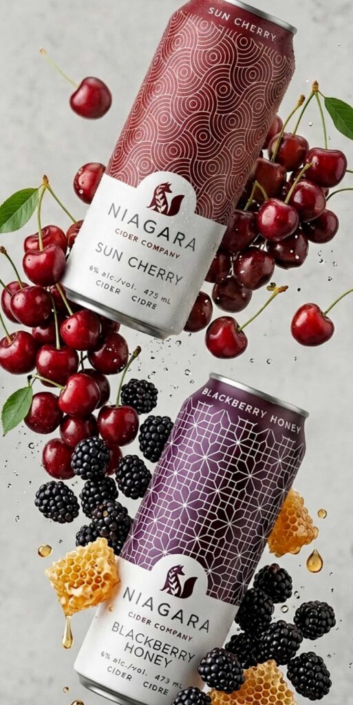 Niagara Cider Company original packaging design of Blackberry Honey and Sun Cherry.