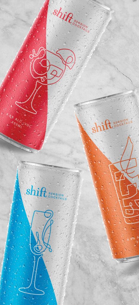 Shift Session Cocktails packaging design of Hibiscus Lemonade, Whisky Iced Tea, and Sparkling Vodka Sour RTC cocktails.